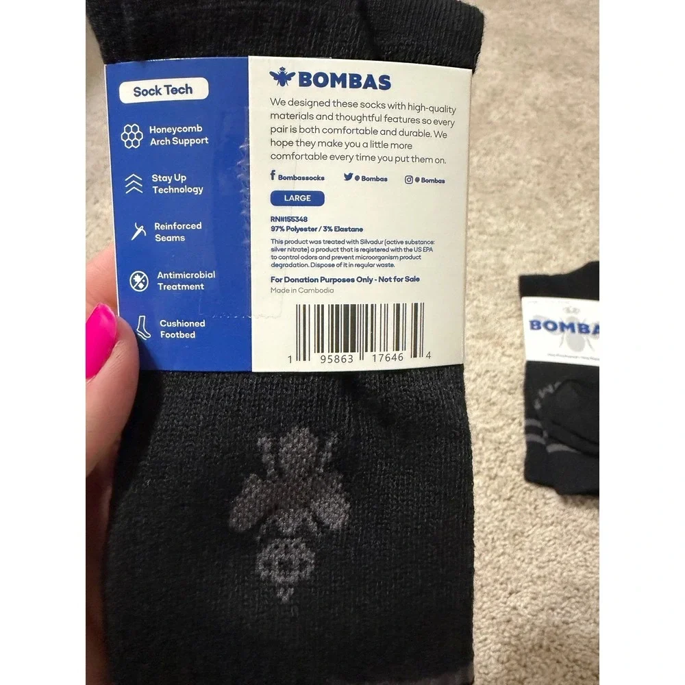 Bombas Mens Black Crew Socks 5-Pack Size Large Honeycomb Arch Support New